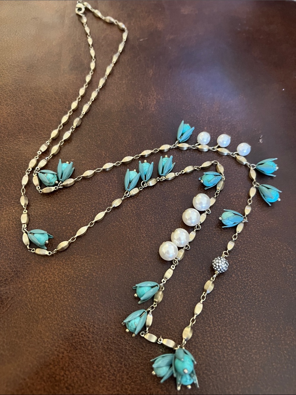 Anthropologie Gold-Tone Necklace with Turquoise Floral Charms & Pearl Stations